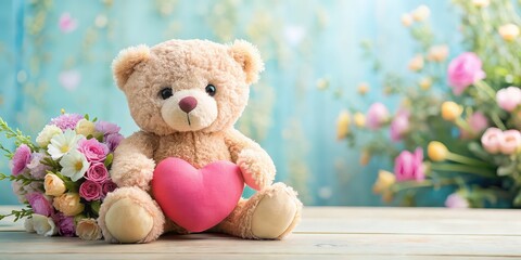 Sticker - Cute pastel teddy bear holding a heart surrounded by flowers, teddy bear, pastel, cute, heart, flowers, love, sweet, plush