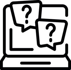 Wall Mural - Simple black and white icon of a laptop with two speech bubbles containing question marks, representing online questions