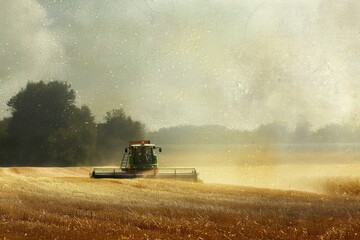 Wall Mural - A green tractor is driving through a field of wheat. The sky is cloudy and the sun is low in the sky