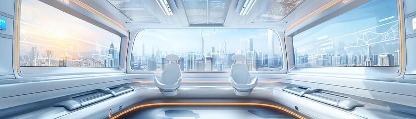 A futuristic ride-sharing vehicle interior with spacious seating, digital entertainment systems, and panoramic city views, ultra-detailed, photorealistic