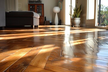 Wall Mural - A living room with a couch and a coffee table. The floor is made of wood and has a checkered pattern