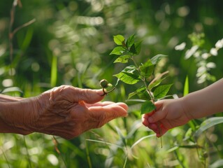 Hand of elderly man giving young plant to child's hand on green natural background. Ecology, environment protection for new generation - ai