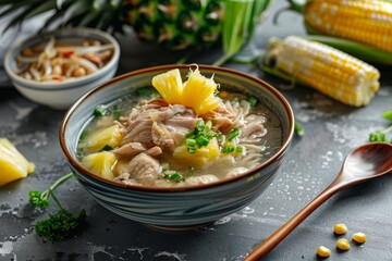 Wall Mural - Homemade Taiwanese chicken soup with pineapple bitter gourd and sweet corn in a bowl on a gray table