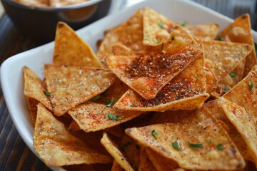 Poster - Homemade tortilla chips with garlic and eggplant dip seasoned with salt and chili