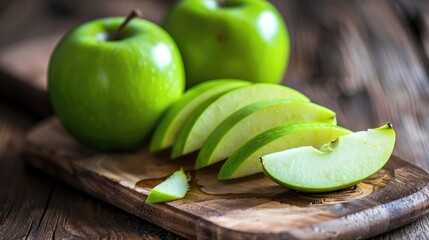 Wall Mural - Green apple slices on wooden board