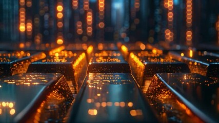 Poster - This row of shiny gold bars lit up by a series of orange lights in a futuristic setting.