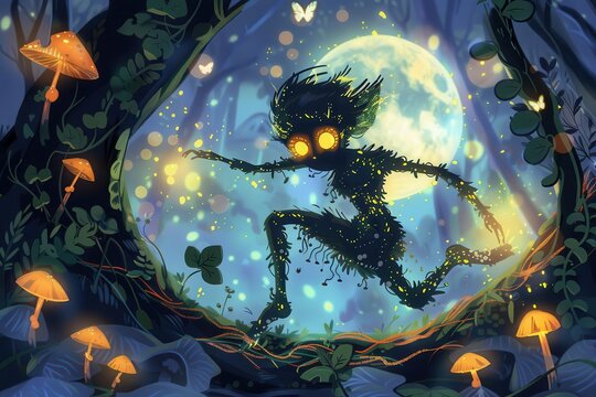 mischievous forest sprite impish goblin with glowing eyes and mossy skin pirouetting through moonlit mushroom circle fireflies bioluminescent plants fantastical whimsical illustration style