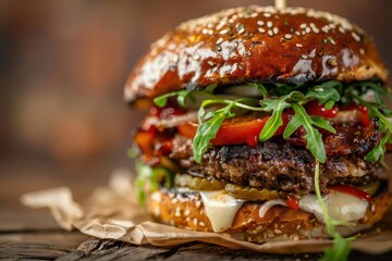 Wall Mural - mouthwatering gourmet burger with melting cheese and fresh toppings extreme closeup rich textures and artful composition on rustic wooden surface