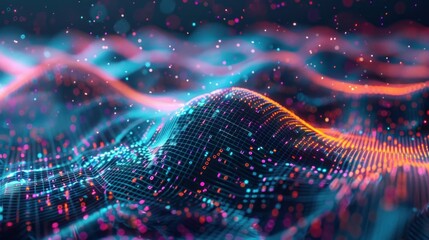 Abstract colorful wave flow of digital particles. Cyber or technology background, concept of big data, artificial intelligence, and data visualization.