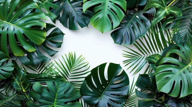 Tropical Green Leaves Frame on White Background.  A Lush, Natural Border for Design