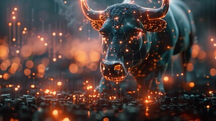Poster - This digital bull charges through a glowing city. Funding concept