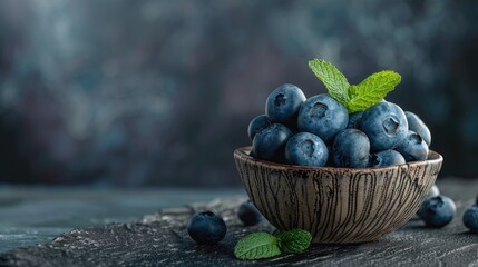 Wall Mural - Blueberries in a bowl with mint leaves on a table dark background vertical with space for text