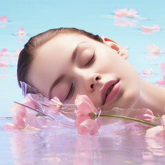 studio lighting portrait of blonde beautiful model laying in clear water fragrance floral scents mixed with moisture 