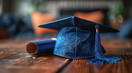 Blue graduation cap with tassel and rolled diploma on a wooden table