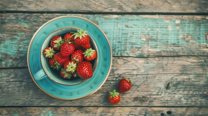 Canvas Print - Aerial view of strawberries in a cup on wooden table selective focus and vintage style