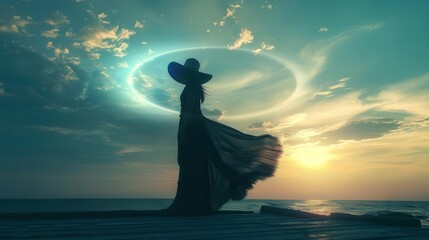 Wall Mural - silhouette of a woman in a flowing dress and widebrimmed hat standing on a pier at sunset a large enigmatic ring hovers in the sky creating a surreal and mystical atmosphere