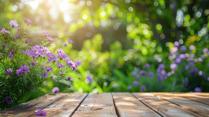 Wall Mural - Purple flowers in a garden on wooden table