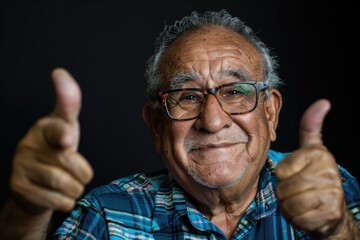 Wall Mural - Happy Hispanic senior man pointing to side  wearing glasses.