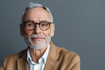 Wall Mural - Portrait of happy mature businessman with glasses on grey background.
