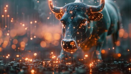 Poster - This Digital Bull Charging Through Abstract Cityscape With Glowing Lights