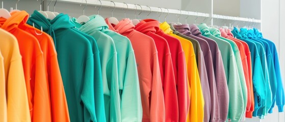 Wall Mural - Multicolored youth sweaters and hoodies on hangers in a store clothing concept