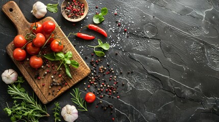 Top View of Food Preparation: Cutting Board, Spices, Herbs and Vegetables on Black Slate Table - Perfect for Adding Text