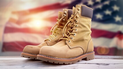 Two tan boots with laces on a wooden surface in front of an American flag, 4th July Independence Day USA concept