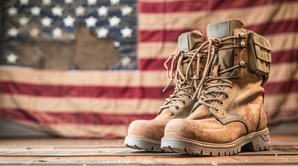 Poster - Two brown boots with laces on a wooden table in front of an American flag, 4th July Independence Day USA concept