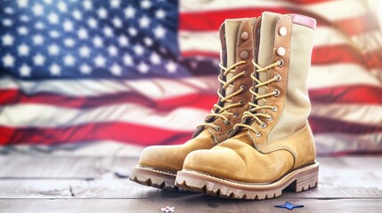 Wall Mural - Two boots are on a wooden table in front of an American flag, 4th July Independence Day USA concept