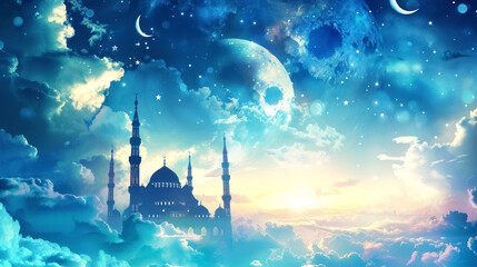 Wall Mural - illustration mosque on the cloud in the blue sky