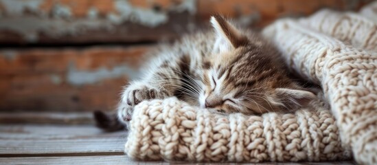 Wall Mural - A tiny, soft kitten snoozes on a handmade sweater placed on a wooden surface, with room for text