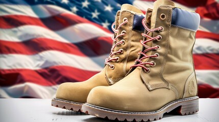 Wall Mural - Two brown boots with red laces are on a white background with the American flag, 4th July Independence Day USA concept