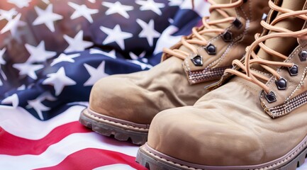 Poster - Two boots are on a red, white and blue American flag, 4th July Independence Day USA concept