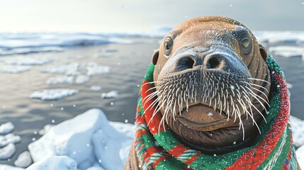 Wall Mural - A cute and cuddly walrus wearing a festive holiday scarf is sitting on an ice floe in the Arctic.