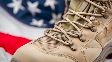 Wall Mural - A tan shoe with a red, white, and blue American flag in the background, 4th July Independence Day USA concept