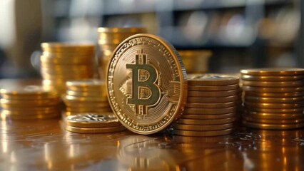 Aufkleber - This close-up of a single Bitcoin coin resting on a stack of other Bitcoin coins.