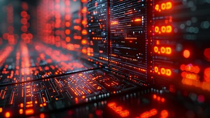 Aufkleber - This Red glowing server racks with digital code in a data center.