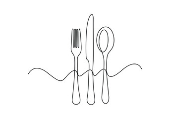 Wall Mural - Continuous single line drawing of kitchen utensils cutlery. Isolated on white background vector illustration 