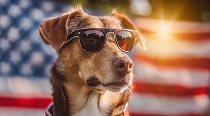 Wall Mural - A dog wearing sunglasses is standing in front of an American flag, 4th July Independence Day USA concept