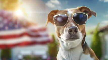 Wall Mural - A dog wearing sunglasses is standing in front of an American flag, 4th July Independence Day USA concept