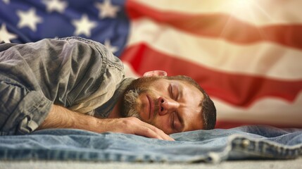 Wall Mural - A man is sleeping on a blue blanket next to an American flag, social problem of homeless people in the USA