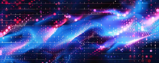 Abstract digital technology background with blue and pink neon lights and glowing particles on a grid.  Concept of data, network, cyberspace, and information technology.