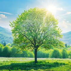 Lush green tree in spring with vibrant colorful flowers blooming around it, set against a clear blue morning sky, with rays of sunlight filtering through the branches, and a serene forest mountain