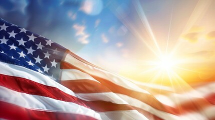 Wall Mural - A large American flag is flying in the sky with the sun shining on it, 4th July Independence Day USA concept