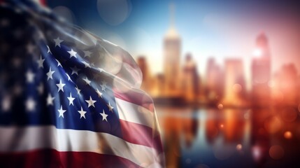 A large American flag is displayed in front of a city skyline, 4th July Independence Day USA concept