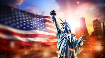 Wall Mural - A statue of liberty is holding a torch in front of an American flag, 4th July Independence Day USA concept