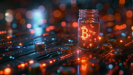 Aufkleber - This glowing Bitcoin symbol is inside a glass jar on a circuit board with other coins.