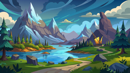 Wall Mural - landscape with mountains and lake