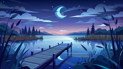 Wall Mural - night landscape with moon and lake