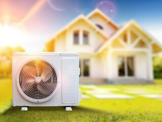 Wall Mural - A white air conditioner is sitting on a grassy lawn in front of a house